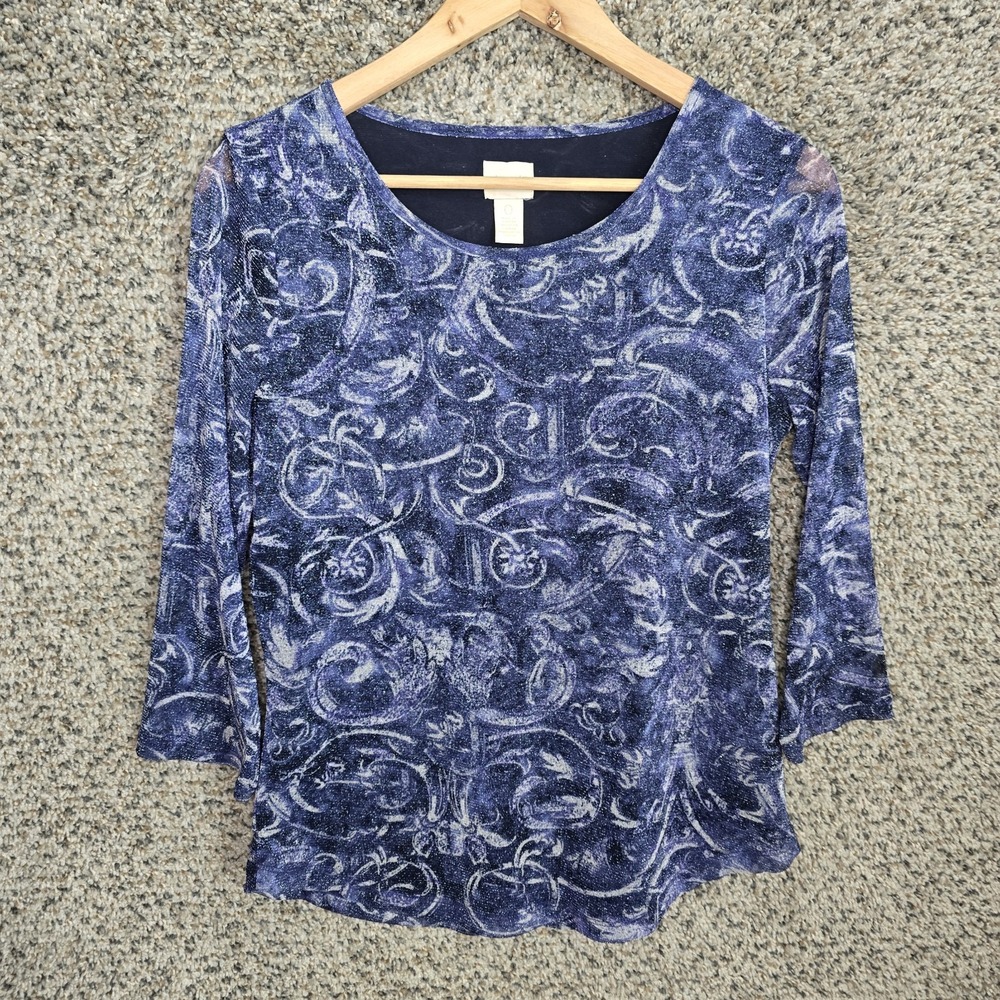 Chicos Top Womens 0 US Small Blue Scoop Neck 3/4 Sleeve Blouse Casual Ladies